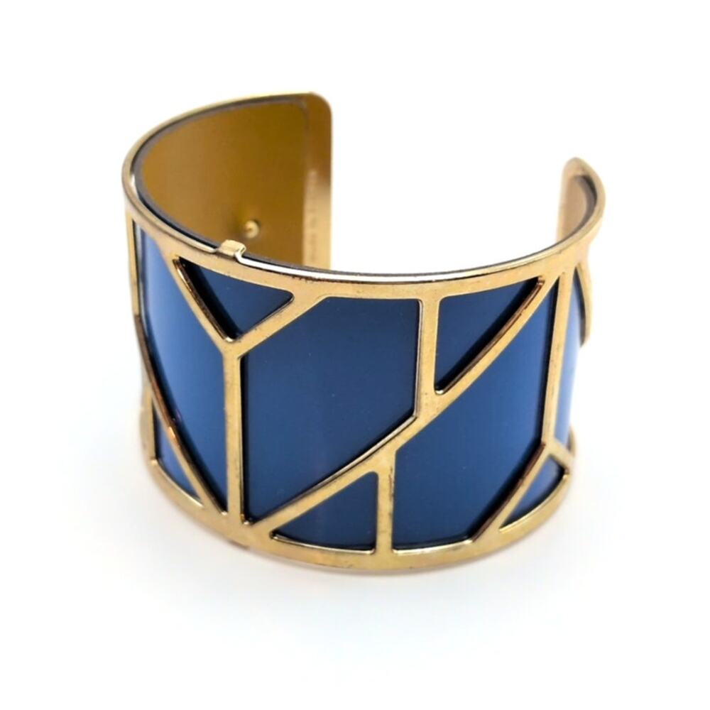Les Georgettes Gold Tone Cuff Bangle Bracelet Blue Leather Insert Made in France